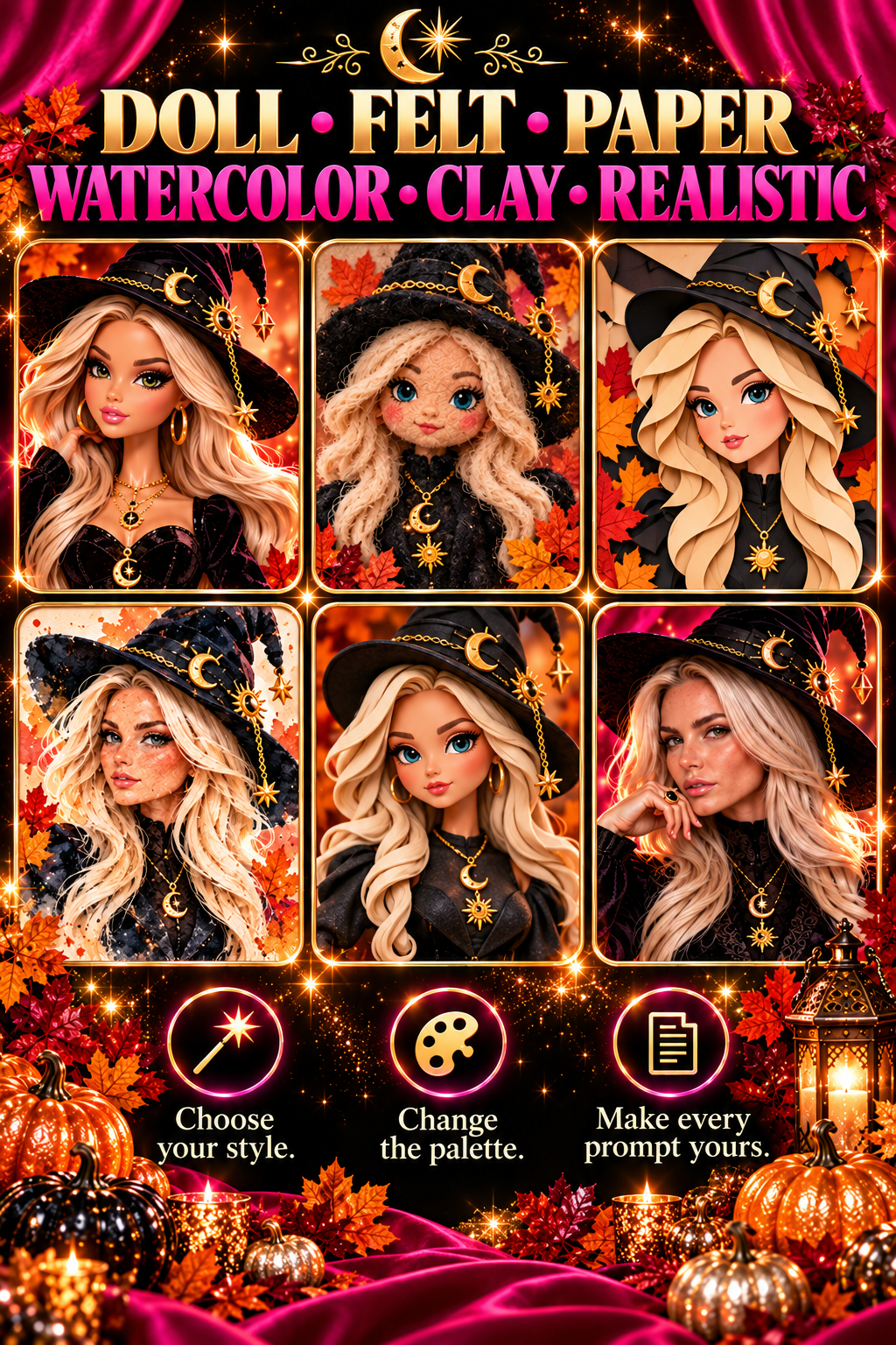 The same witch prompt shown in fashion doll, watercolor, felt, paper, clay and realistic styles